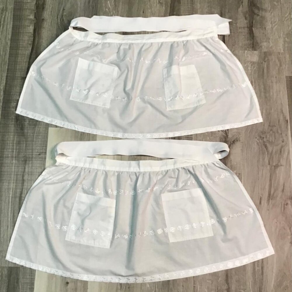 Vintage Paper White Linen Handmade Shamrock Embroidered Waist Hostess Aprons - 2